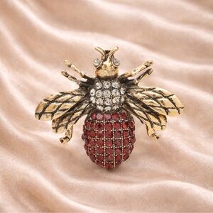 Gold Bee Brooch with Red and Clear Crystals